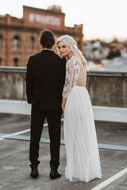 A-Line Round Neck Long Wedding Dress with Lace Long Sleeves