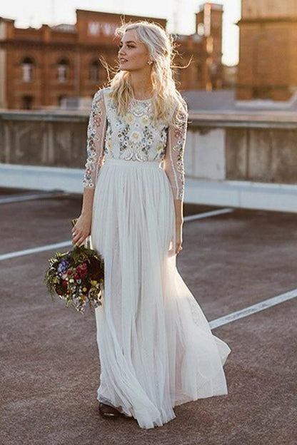 A-Line Round Neck Long Wedding Dress with Lace Long Sleeves