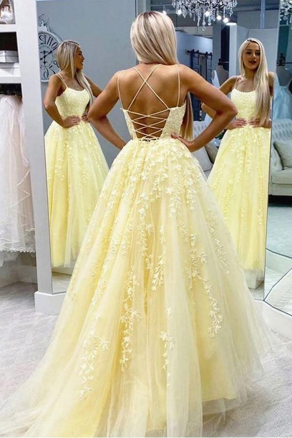 A Line Party Dresses Formal Dresses Spaghetti Straps Sweetheart Long Prom Dress With Appliques