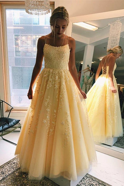 A Line Party Dresses Formal Dresses Spaghetti Straps Sweetheart Long Prom Dress With Appliques