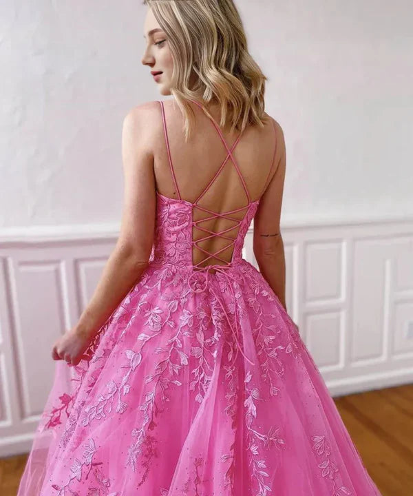 A Line Party Dresses Formal Dresses Spaghetti Straps Sweetheart Long Prom Dress With Appliques