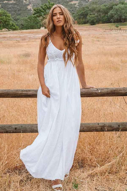 A-Line Scoop Backless Floor Length Beach Wedding Dress with Lace