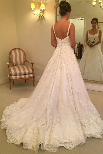 A-line Scoop Sweep Train Sleeveless Wedding Dress with Appliques