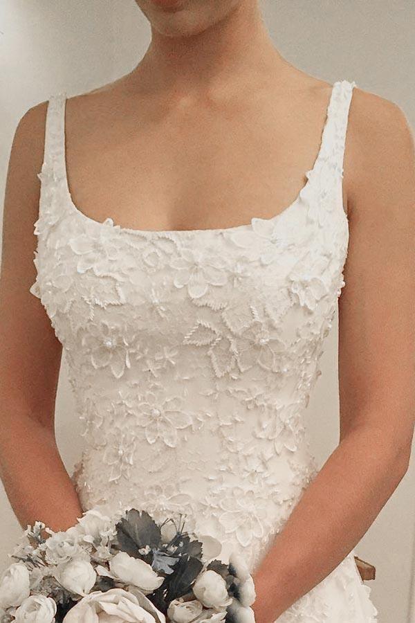 A-line Scoop Sweep Train Sleeveless Wedding Dress with Appliques