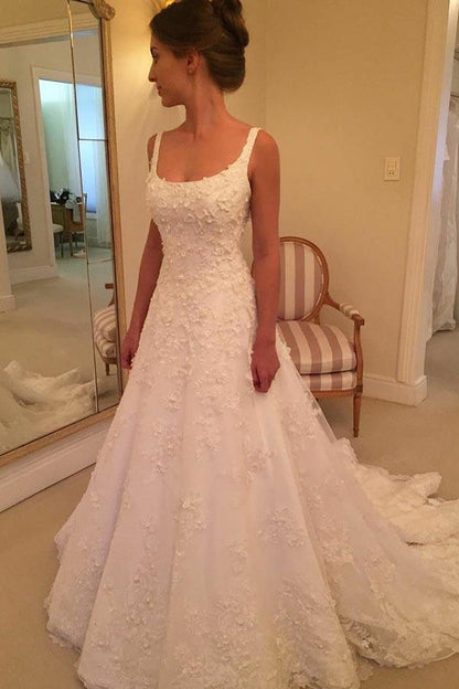 A-line Scoop Sweep Train Sleeveless Wedding Dress with Appliques