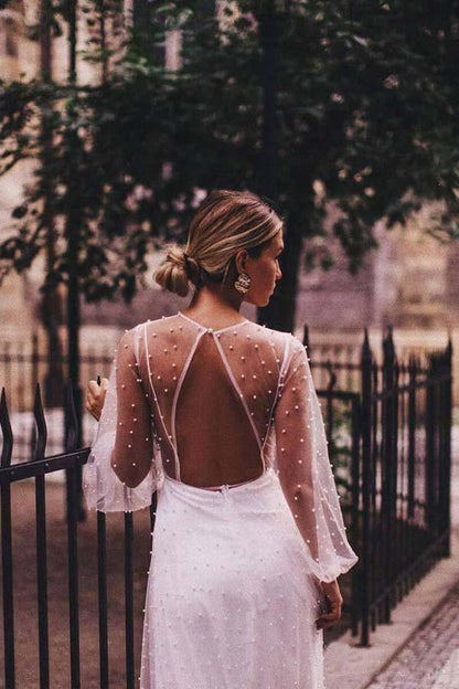 A-line See Through Tulle Long Sleeve Wedding Dresses Pearl