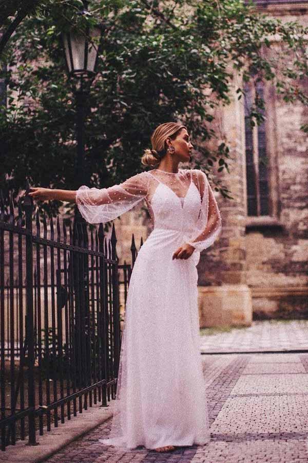 A-line See Through Tulle Long Sleeve Wedding Dresses Pearl