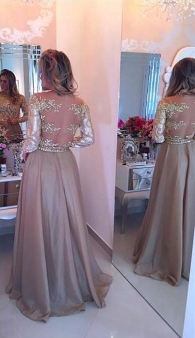 A-Line Champagne Sheer Neckline Prom Dresses Floor Length Long Sleeves Evening Dress