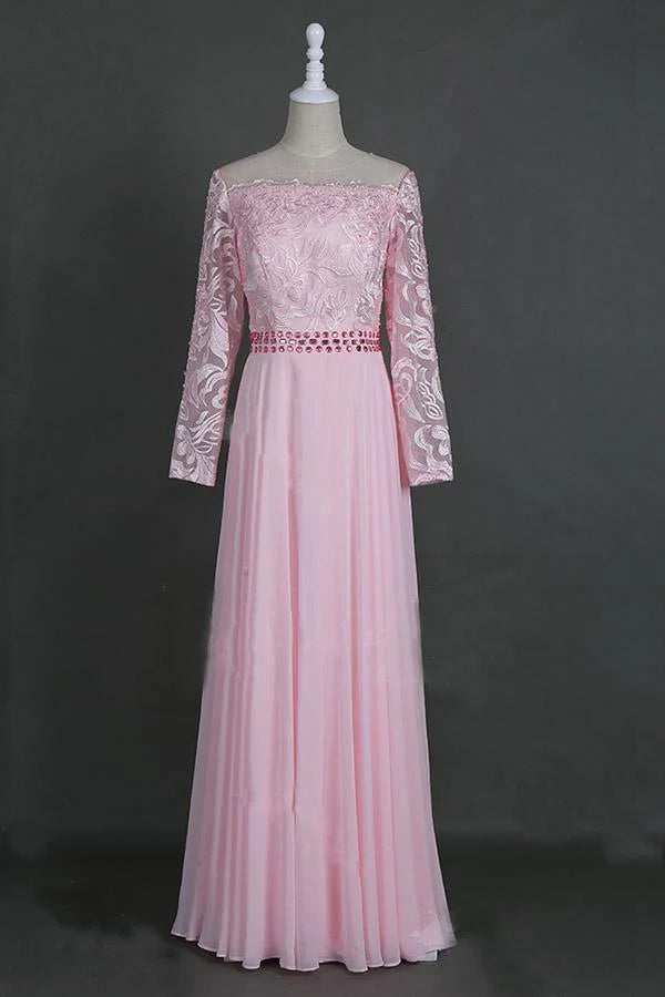 A-Line Champagne Sheer Neckline Prom Dresses Floor Length Long Sleeves Evening Dress