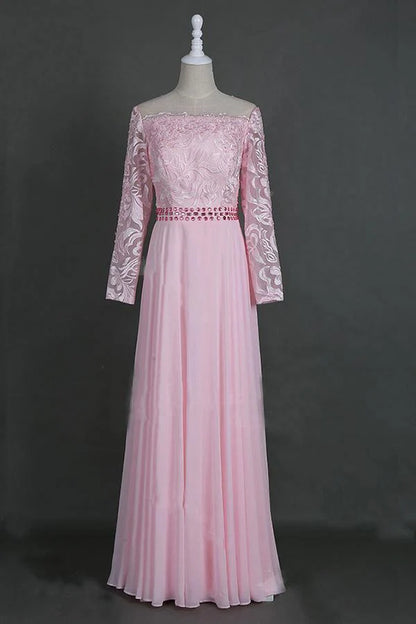 A-Line Champagne Sheer Neckline Prom Dresses Floor Length Long Sleeves Evening Dress