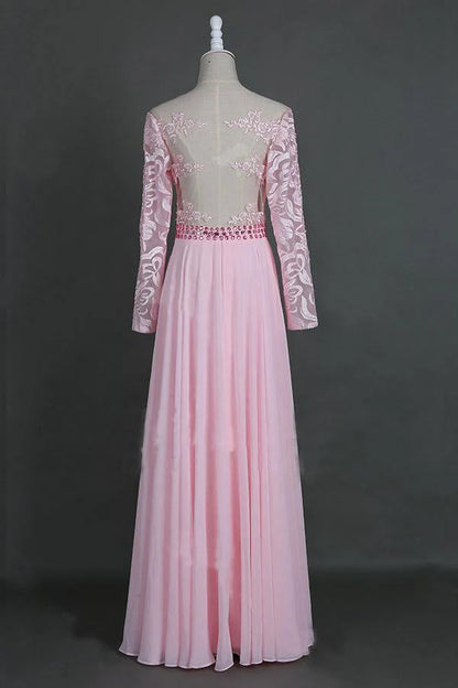 A-Line Champagne Sheer Neckline Prom Dresses Floor Length Long Sleeves Evening Dress