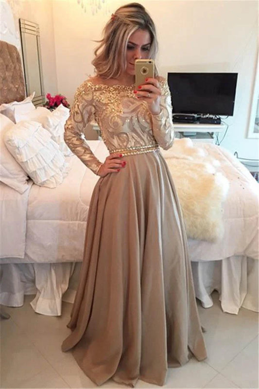 A-Line Champagne Sheer Neckline Prom Dresses Floor Length Long Sleeves Evening Dress