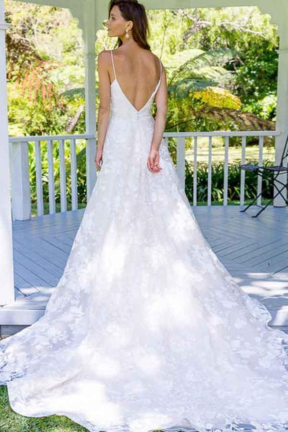 A-Line Spaghetti Straps Backless Long Lace Wedding Dress