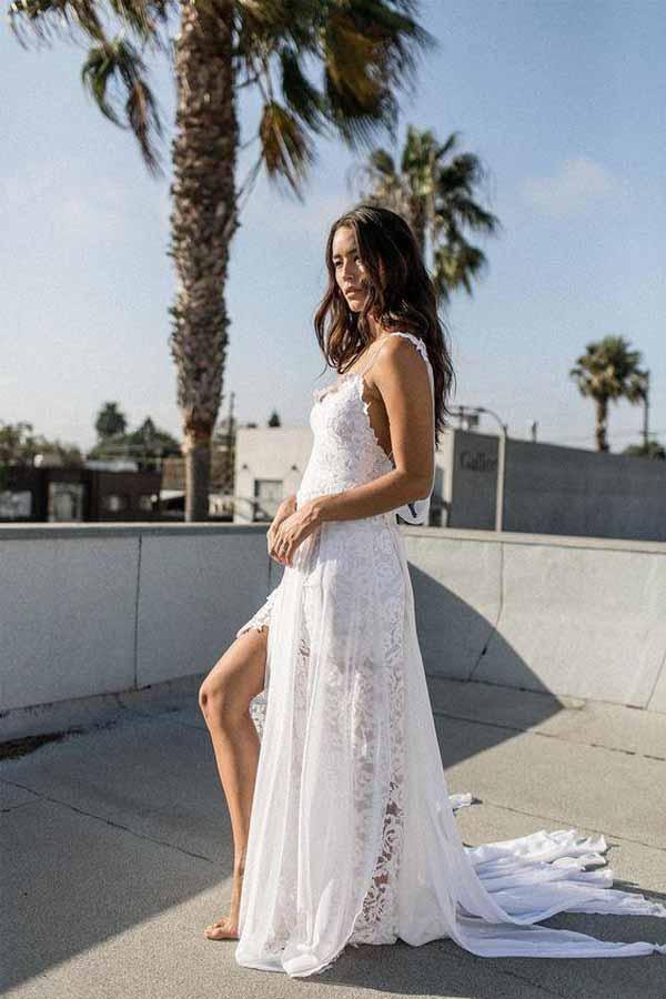 A-line Spaghetti Strap White Lace Chiffon Beach Wedding Bridal Dresses