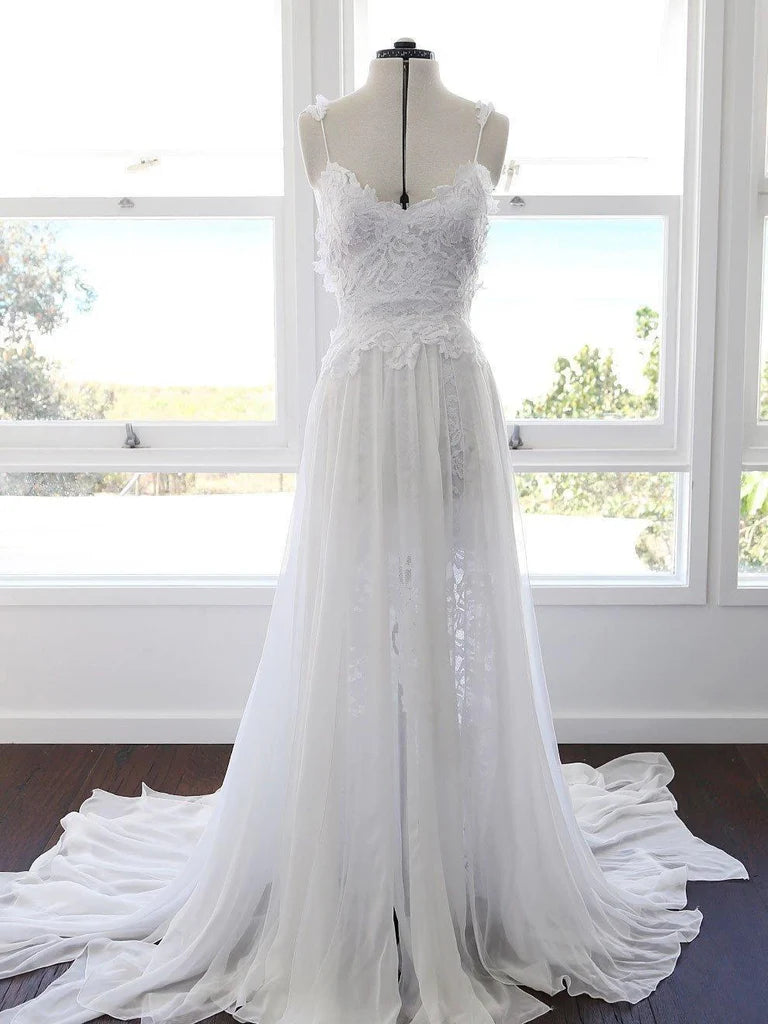 A-line Spaghetti Strap White Lace Chiffon Beach Wedding Bridal Dresses