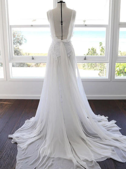 A-line Spaghetti Strap White Lace Chiffon Beach Wedding Bridal Dresses