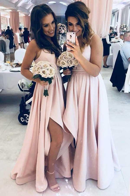 A-Line Spaghetti Straps Low-Cut Pink Satin Bridesmaid Dress with Split