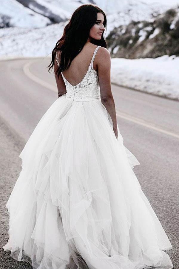 A-Line Spaghetti Straps Asymetrical Wedding Dress with Lace