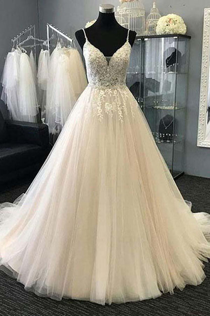 A-Line Straps Ivory Tulle Wedding Dress with Appliques Beading