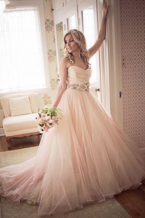 A-line Sweetheart Strapless Pink Long Tulle Wedding Dress