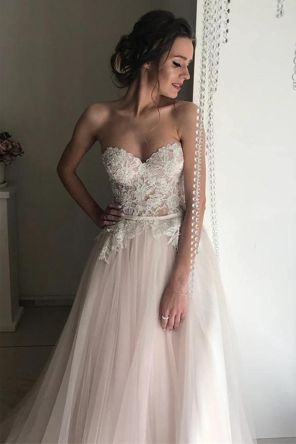 A-line Sweetheart Boho Wedding Dress Lace Romantic Wedding Dresses