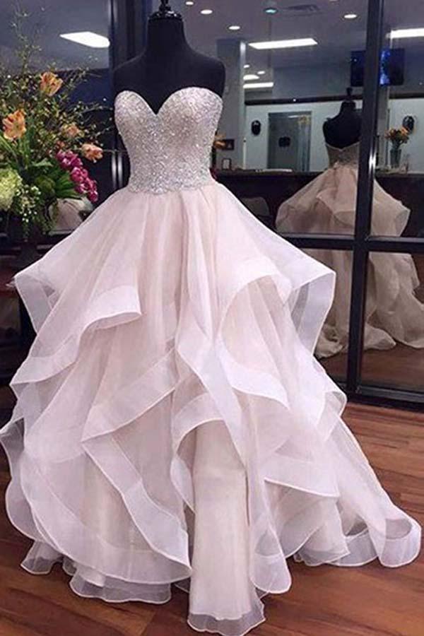 A-Line Sweetheart Floor-Length Organza Wedding Dress with Beading