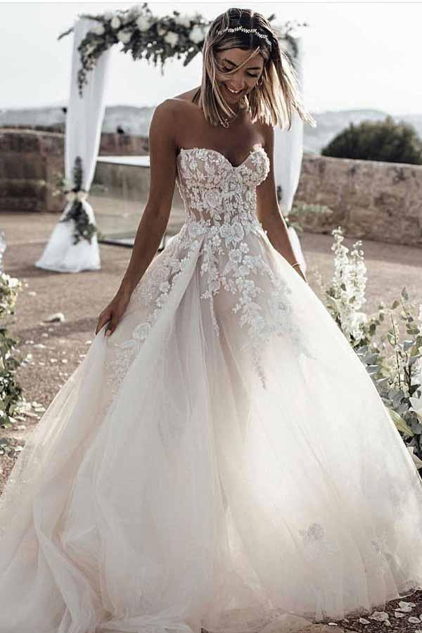 A-Line Sweetheart Sleeveless Sweep Train Tulle Wedding Dress