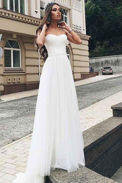 A-Line Sweetheart Sweep Train Tulle Wedding Dress with Appliques