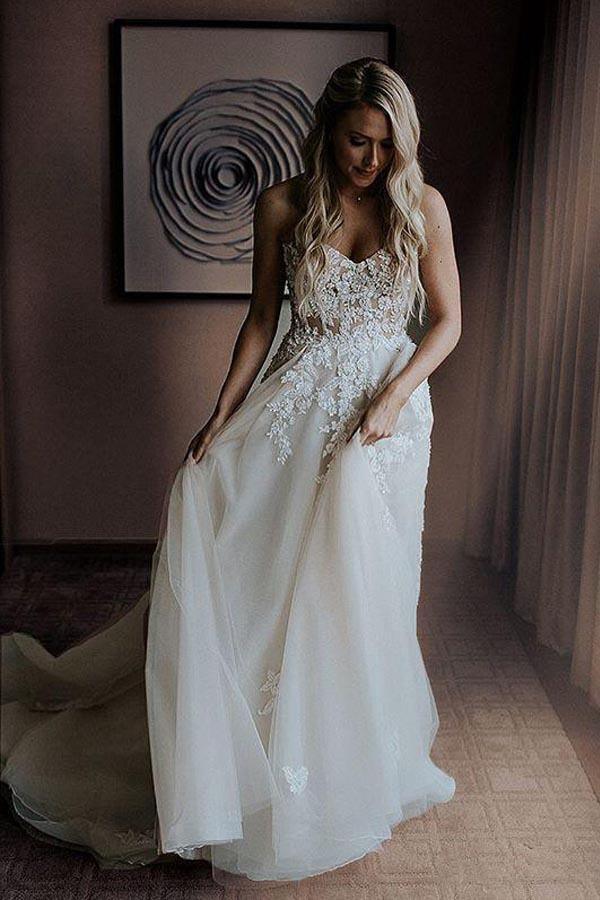 A-Line Sweetheart Sweep Train Wedding Dress with Appliques Beading