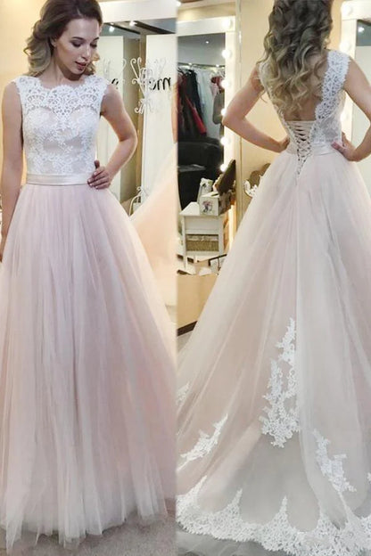 A-line Tulle Sweep Train Wedding Dress With Lace Applique