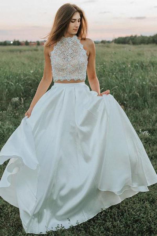 A Line Two Pieces Lace White Wedding Dresses With Pockets