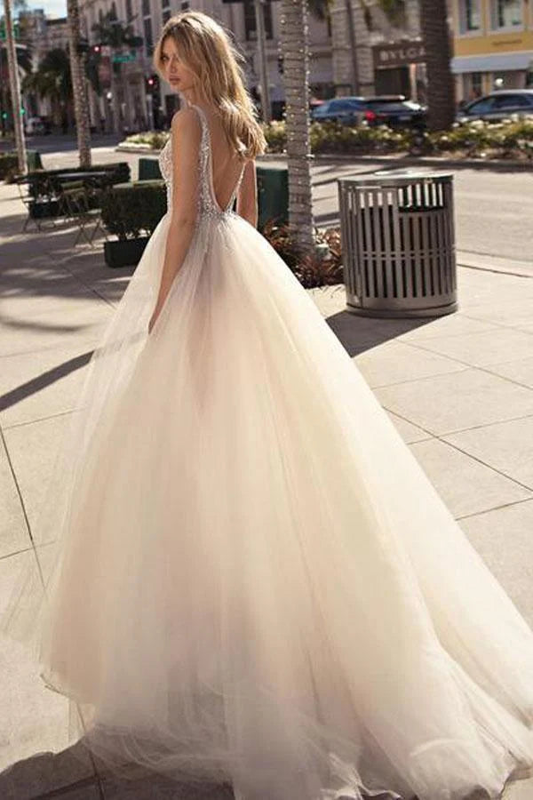 A Line V Neck Backless Beaded Tulle Ivory Wedding Dresses Bridal Gown