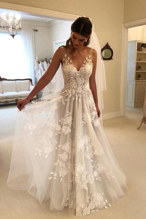 A-Line V-neck Backless Sweep Train Wedding Dress with Appliques