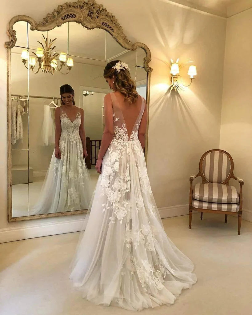 A-Line V-neck Backless Sweep Train Wedding Dress with Appliques