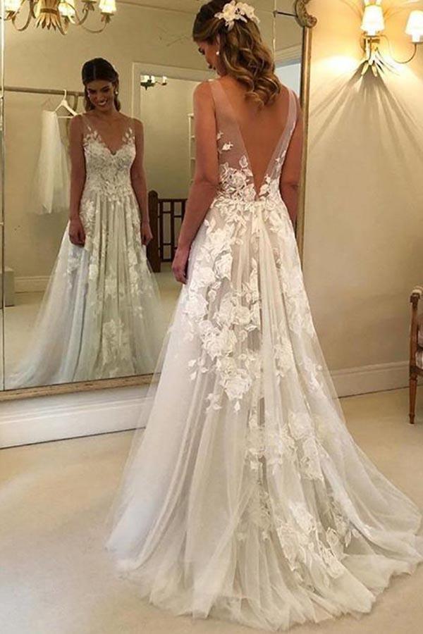 A-Line V-neck Backless Sweep Train Wedding Dress with Appliques