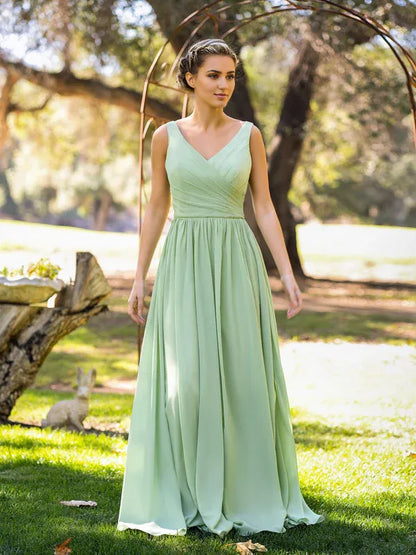 Simple V Neck Floor-Length Chiffon Bridesmaid Dress Prom Dresses Formal Bridesmaid Dresses