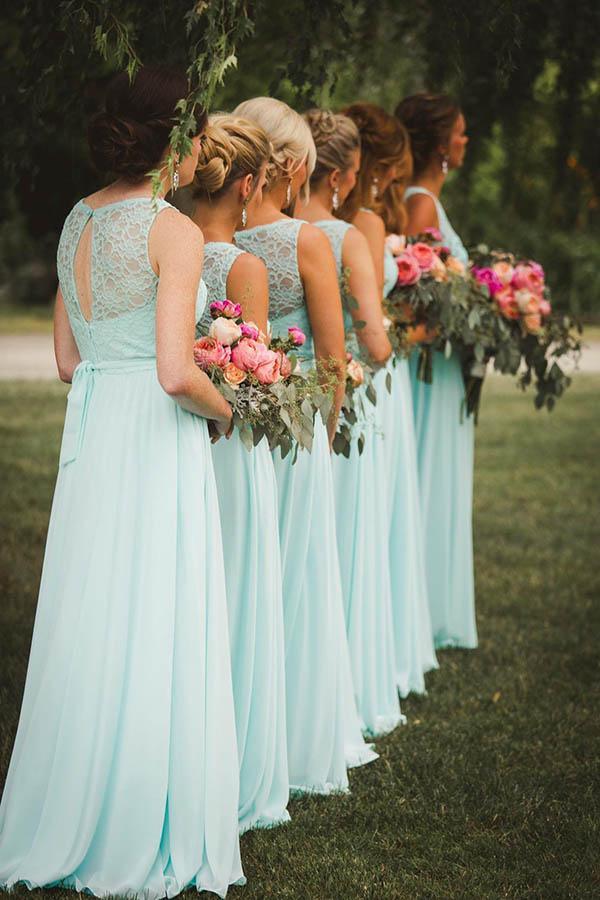 A-Line V-Neck Floor-Length Mint Chiffon Bridesmaid Dress with Lace