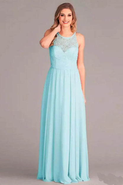 A-Line V-Neck Floor-Length Mint Chiffon Bridesmaid Dress with Lace