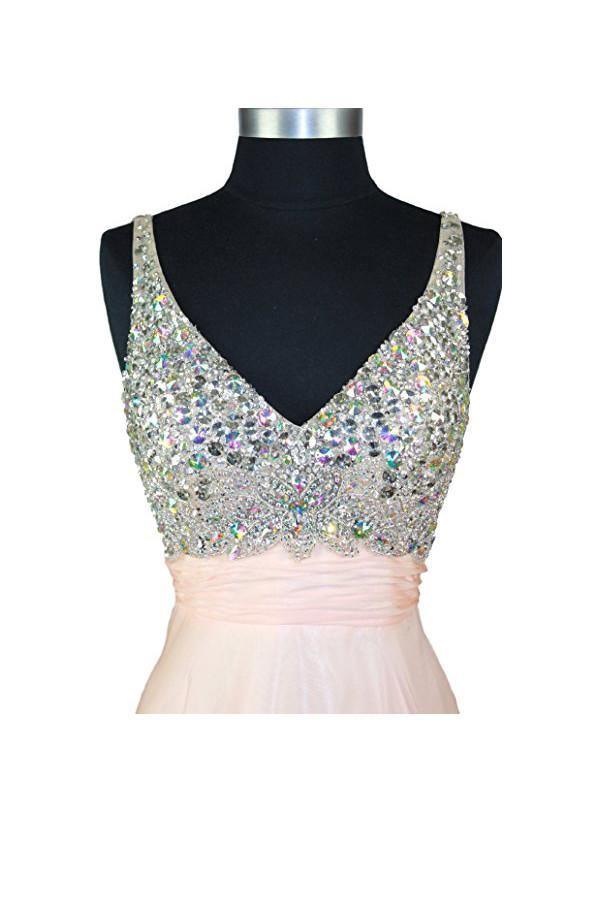 A Line V-neck Formal Chiffon Prom Dress With Beading