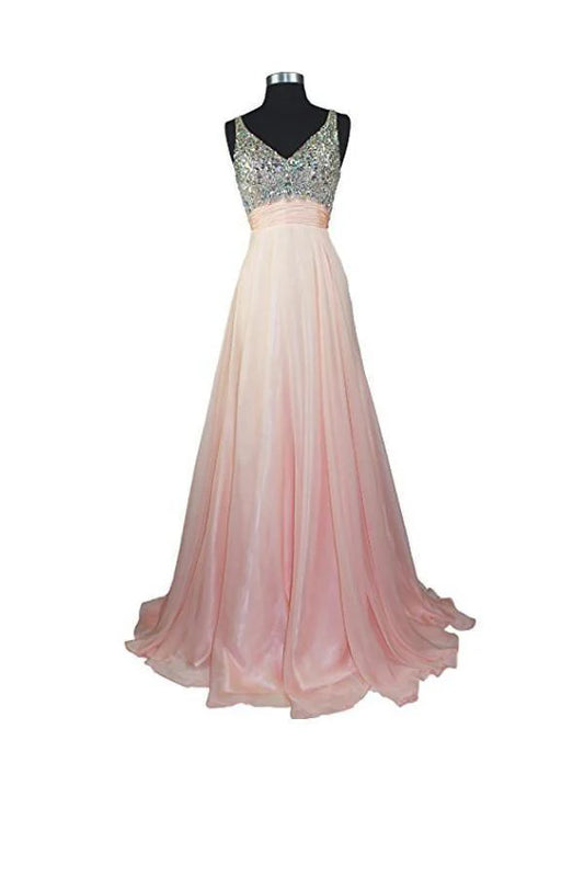 A Line V-neck Formal Chiffon Prom Dress With Beading