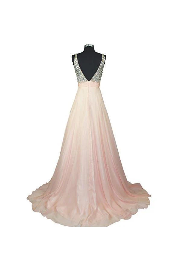 A Line V-neck Formal Chiffon Prom Dress With Beading