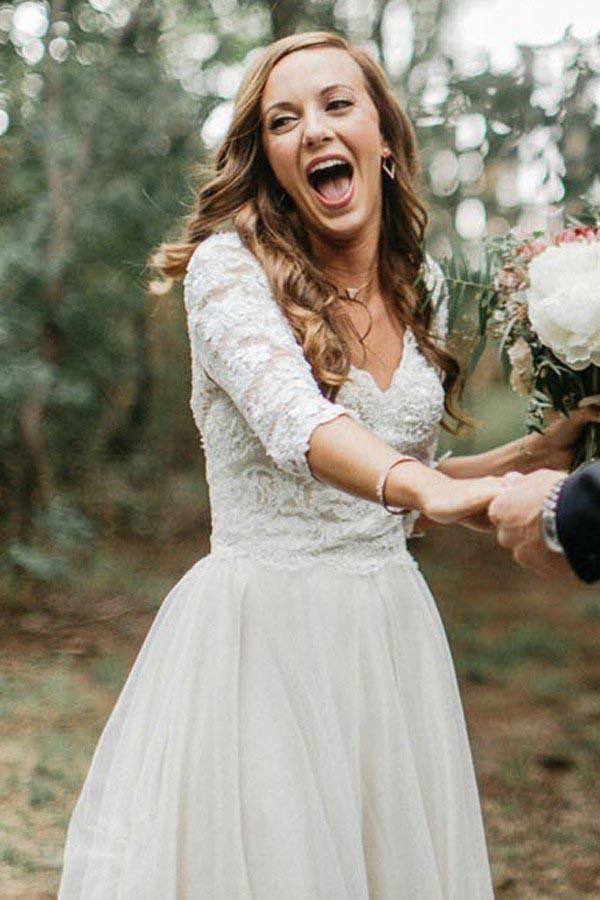 A-Line V-Neck Half Sleeves Backless Tulle Wedding Dress with Appliques