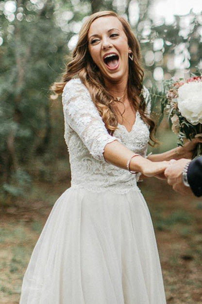 A-Line V-Neck Half Sleeves Backless Tulle Wedding Dress with Appliques