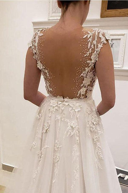 A Line V Neck Ivory Lace Fairy Long Wedding Dresses with Appliques