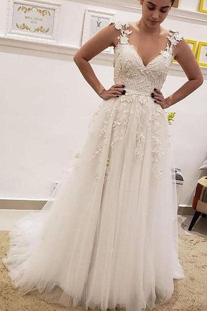 A Line V Neck Ivory Lace Fairy Long Wedding Dresses with Appliques