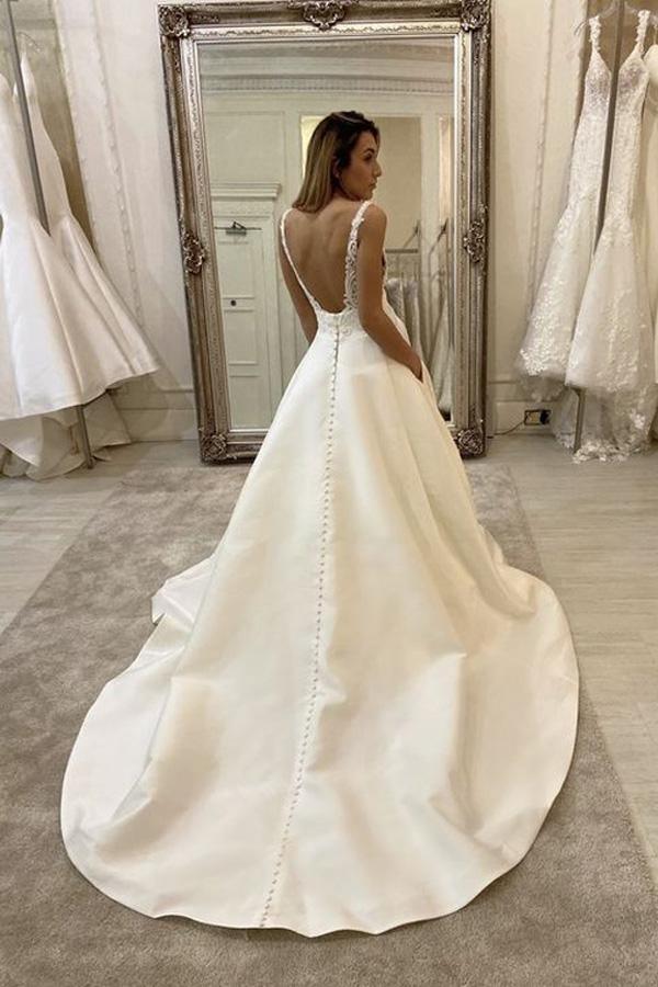 A-Line V-neck Ivory Satin Simple Wedding Dress Backless Bridal Gowns