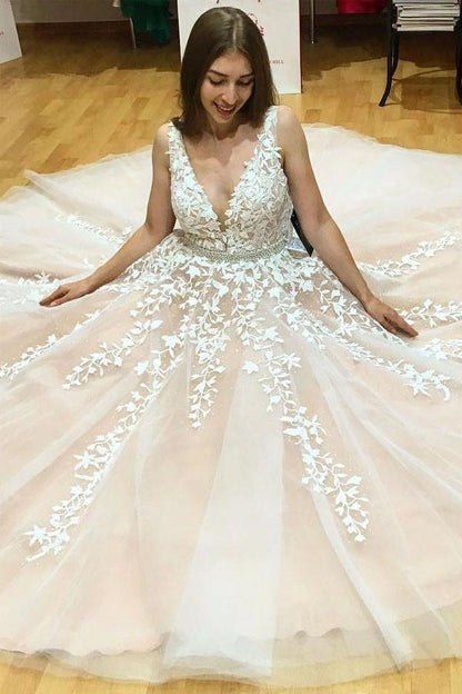 A-Line V-Neck Long Tulle Wedding Dress with Beading Appliques