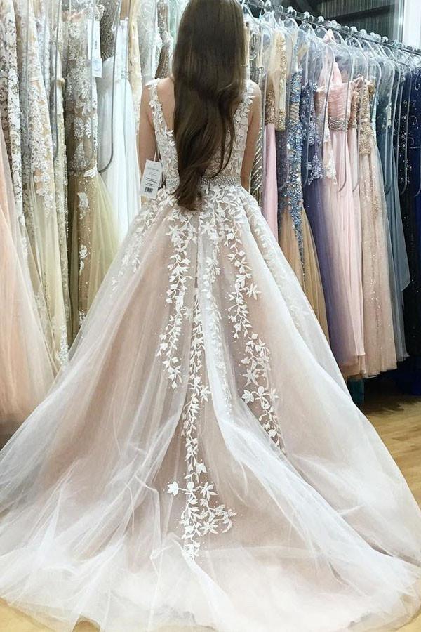 A-Line V-Neck Long Tulle Wedding Dress with Beading Appliques