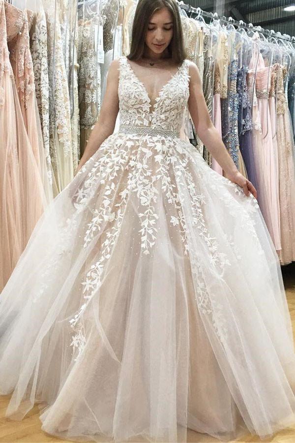 A-Line V-Neck Long Tulle Wedding Dress with Beading Appliques