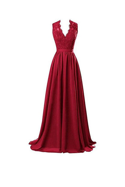 A-line V Neck Open Back Chiffon Long Evening Gown with Lace